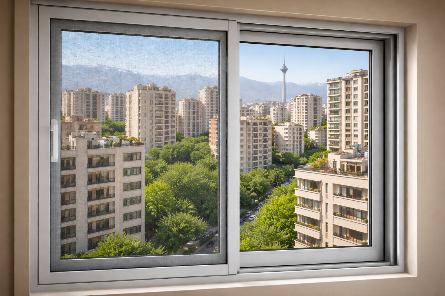 نمونه توری نصب‌شده روی پنجره آلومینیومی