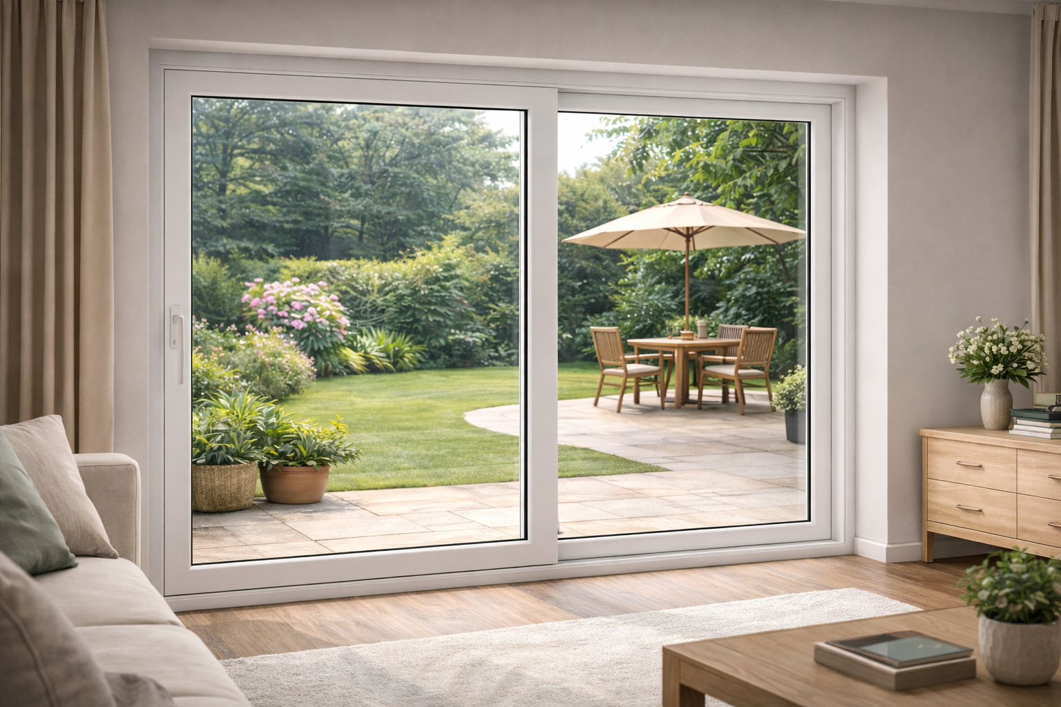 پنجره UPVC کشویی سفید در نشیمن