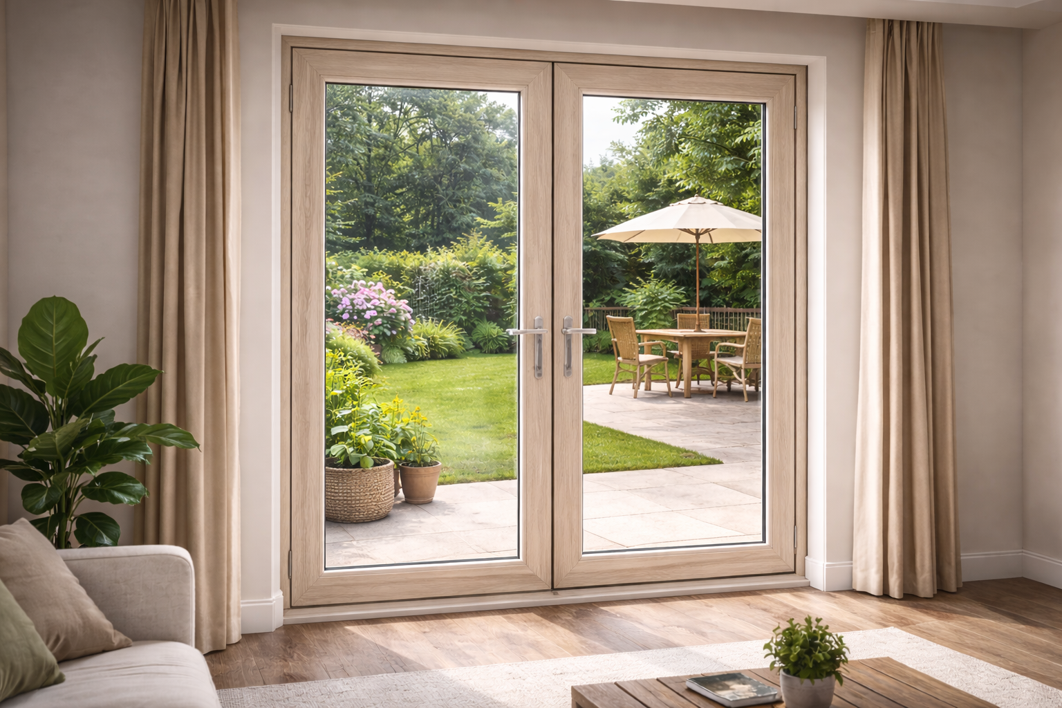 درب UPVC دولنگه سفید با روکش طرح چوب